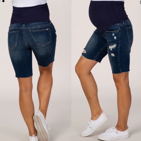 PinkBlush Blue Distressed Maternity Full Panel Bermuda Raw Hem Shorts - Picture 3 of 10
